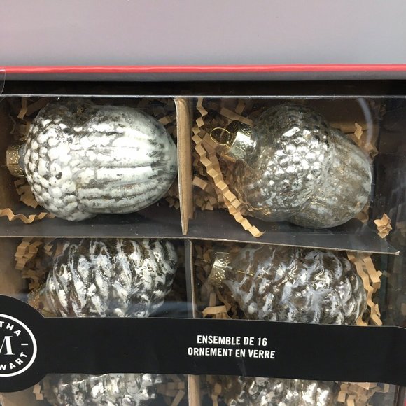 x16 Martha Stewart Frosted Silver Mercury Glass Ornament Set Pinecone Acorn NEW - Picture 4 of 9